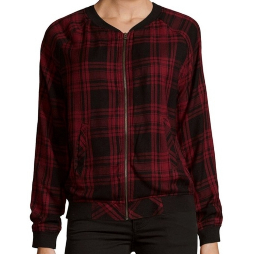 BeachLunchLounge Red and Black Plaid Zip Up Size M